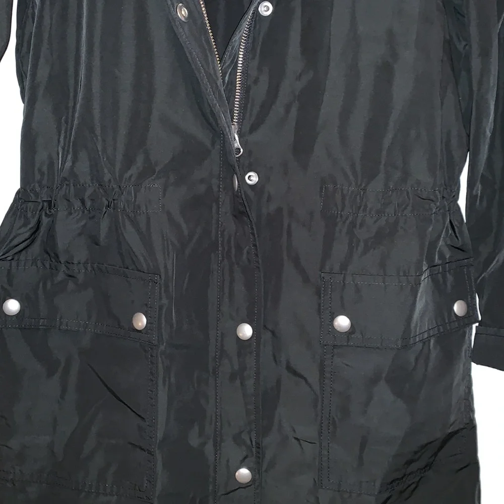 J. Crew Black Hooded Raincoat Drawstring Waist. Zip Snap Front Pockets. NWT - Picture 4 of 11